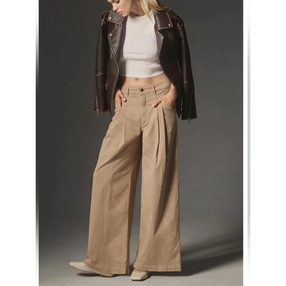 Maeve Pants - Maeve by Anthropologie Wide-Leg‎ Pleated Pants in Khaki Tan Cotton Sz 4 Casual